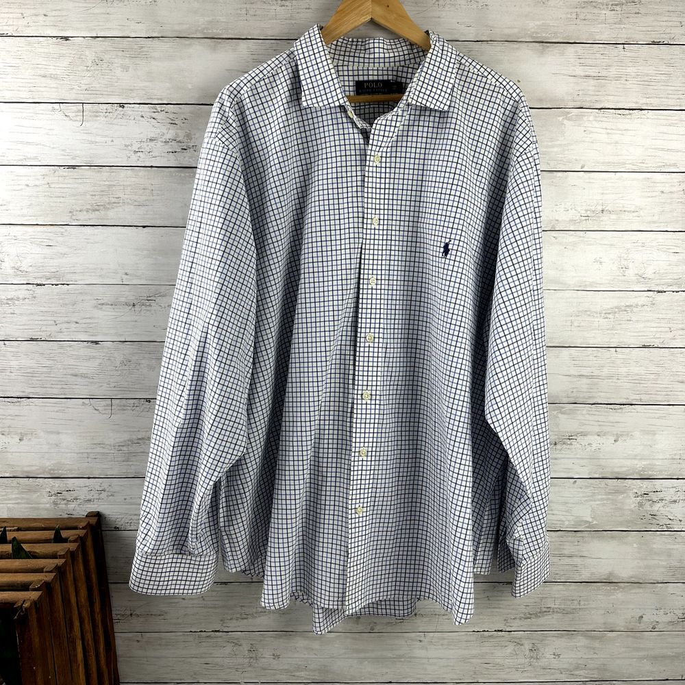 Polo Ralph Lauren Shirt Mens 3XB Plaid Button Down Long Sleeve White blue